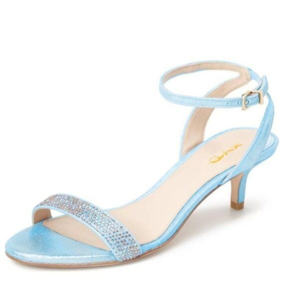 XYD Women Open Toe Ankle Strap Sandals Shoes Kitten Heel Rhinestones Studded Buc